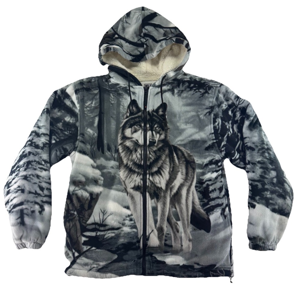 Wild Kind Wolf Hoodie Sweater Mens Medium Full Zip‎ Wolf Print Sherpa
